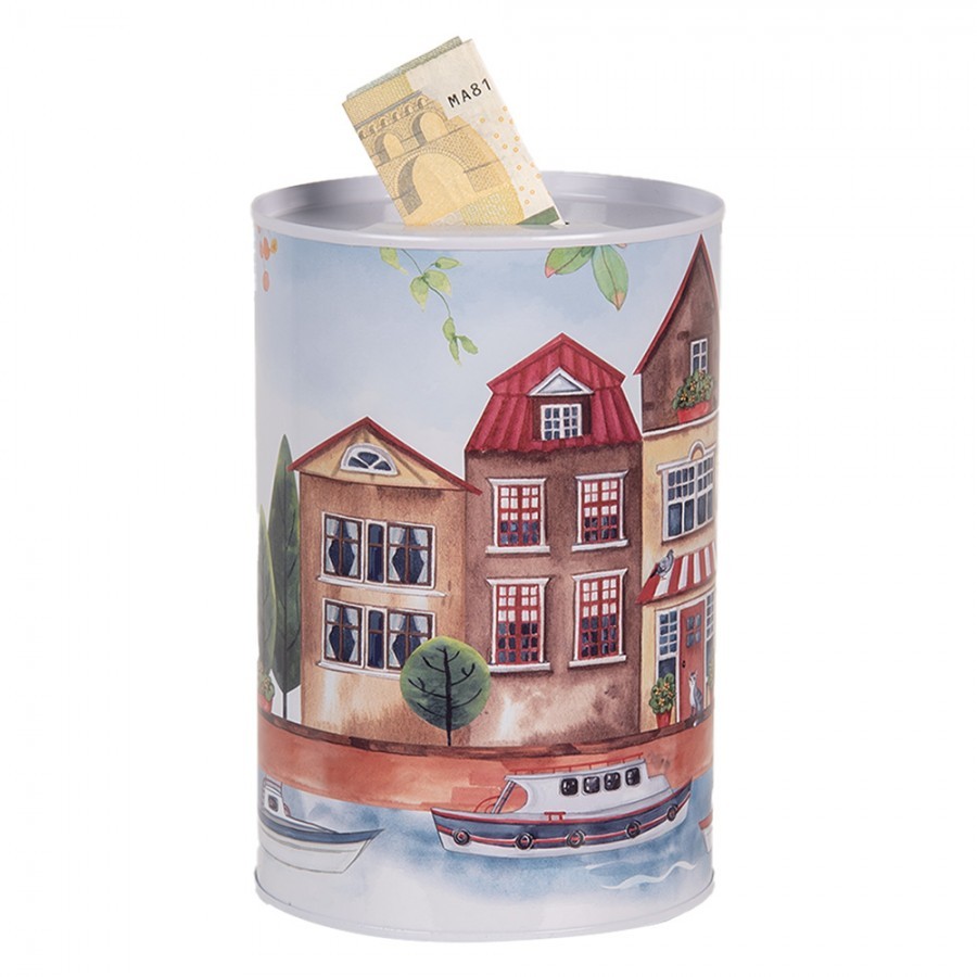 Plechová dóza kasička s domky Amsterdam - Ø 10*15 cm