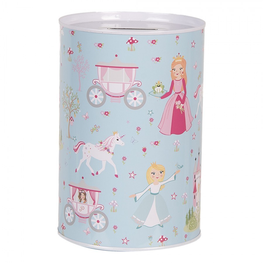 Modrá plechová dóza kasička princezny - Ø 10*15 cm