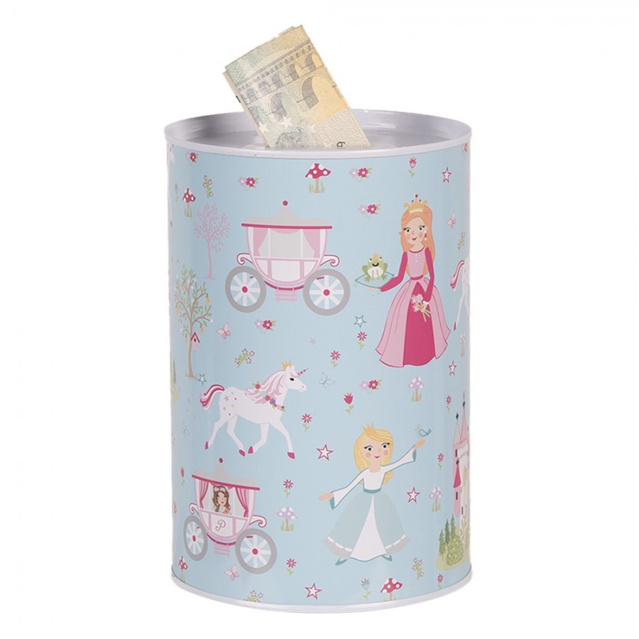 Modrá plechová dóza kasička princezny - Ø 10*15 cm