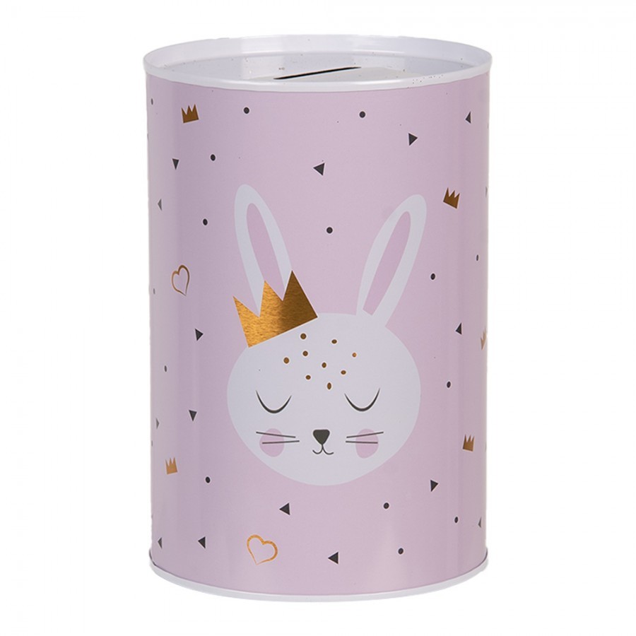Růžová plechová dóza kasička s králíčkem - Ø 10*15 cm
