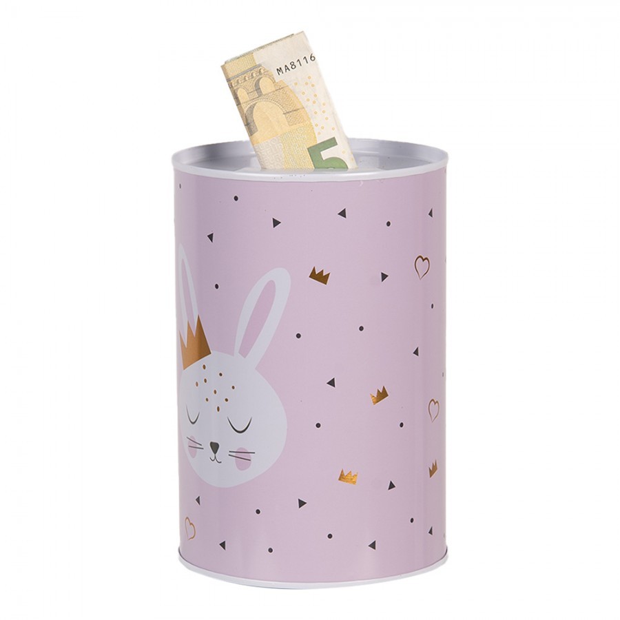 Růžová plechová dóza kasička s králíčkem - Ø 10*15 cm