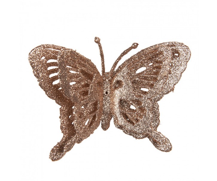 Vánoční měděná umělá třpytivá dekorace motýl - 12*2*9 cm Clayre & Eef