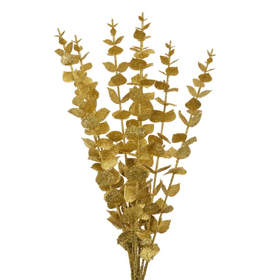 Vánoční zlatá umělá třpytivá větvička eucalyptus - 9*8*46 cm