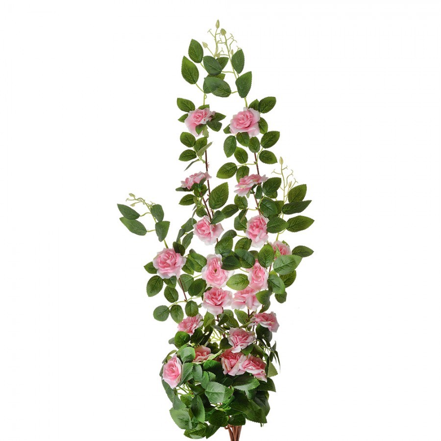 Zelená umělá větvička růže s růžovými květy - 25*15*87 cm
