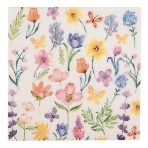 Bílé papírové ubrousky s barevnými květy - 33*33 cm (20ks)