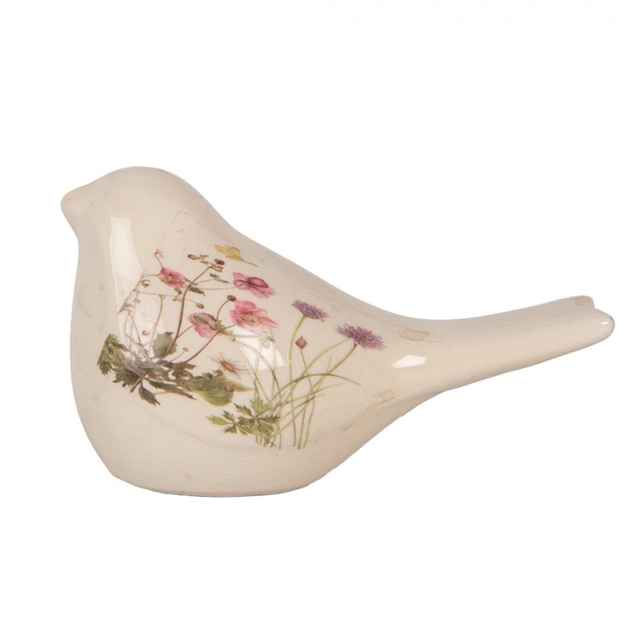 Béžová keramická dekorace ptáček s lučními květy Flowers of Love S - 16*7*9 cm