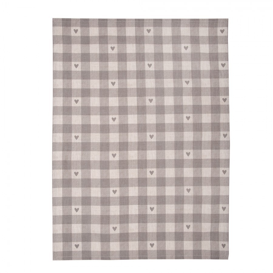 Béžovo-šedá károvaná utěrka se srdíčky Love It - 50*70 cm