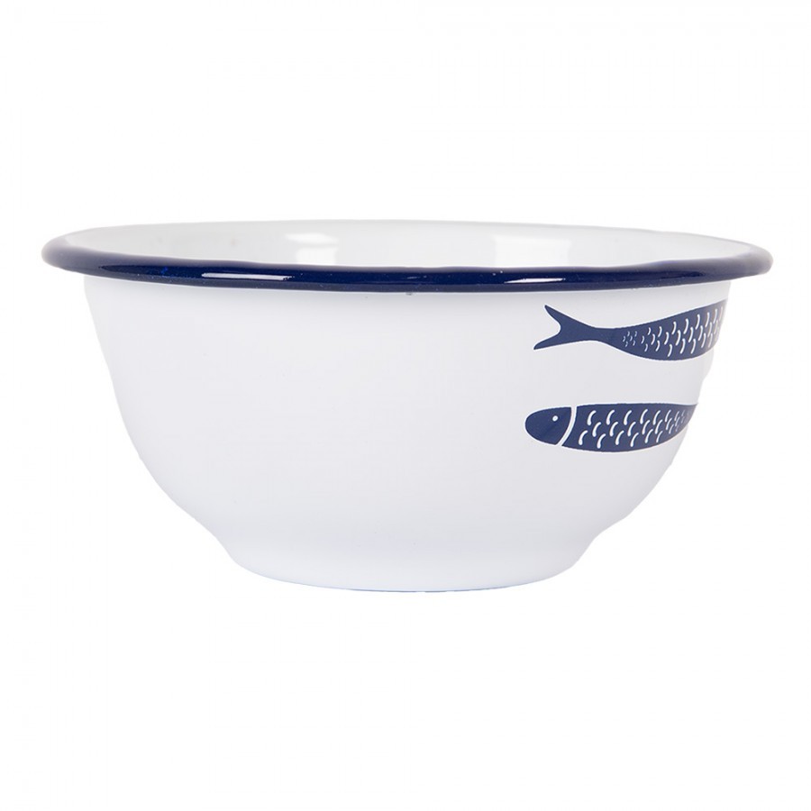 Bílá dekorační smaltovaná miska s rybkami - Ø 14*7 cm / 350 ml
