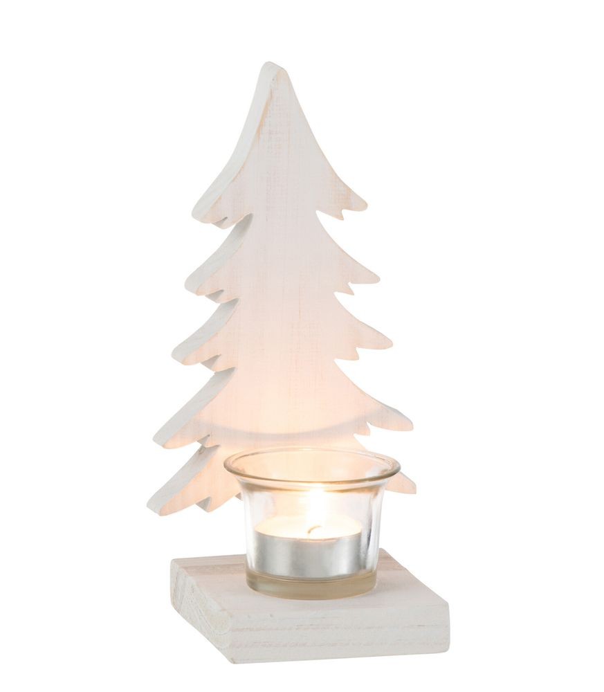 Bílý svícen s dřevěným stromkem Tree White - 10*9*20 cm
