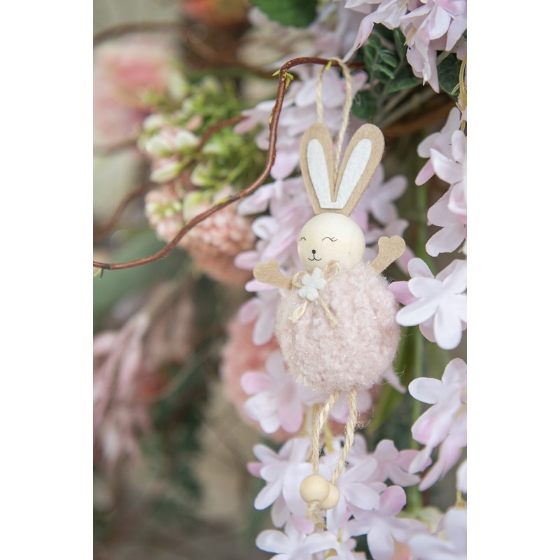 Růžový plyšový závěsný velikonoční králíček s kytičkou Magiccal - 7*4*15 cm