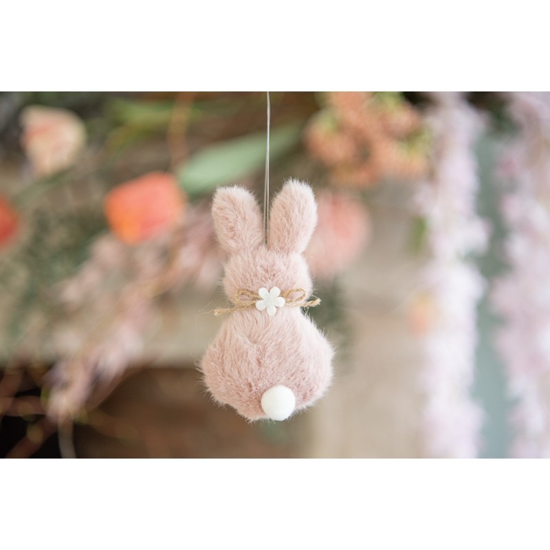 Růžový plyšový závěsný velikonoční králíček s kytičkou Magiccal - 6*2*11 cm