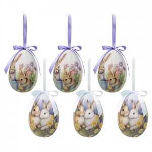 6ks dekorace závěsné vajíčko s králíčky Spring Egg - Ø 7*10 cm
