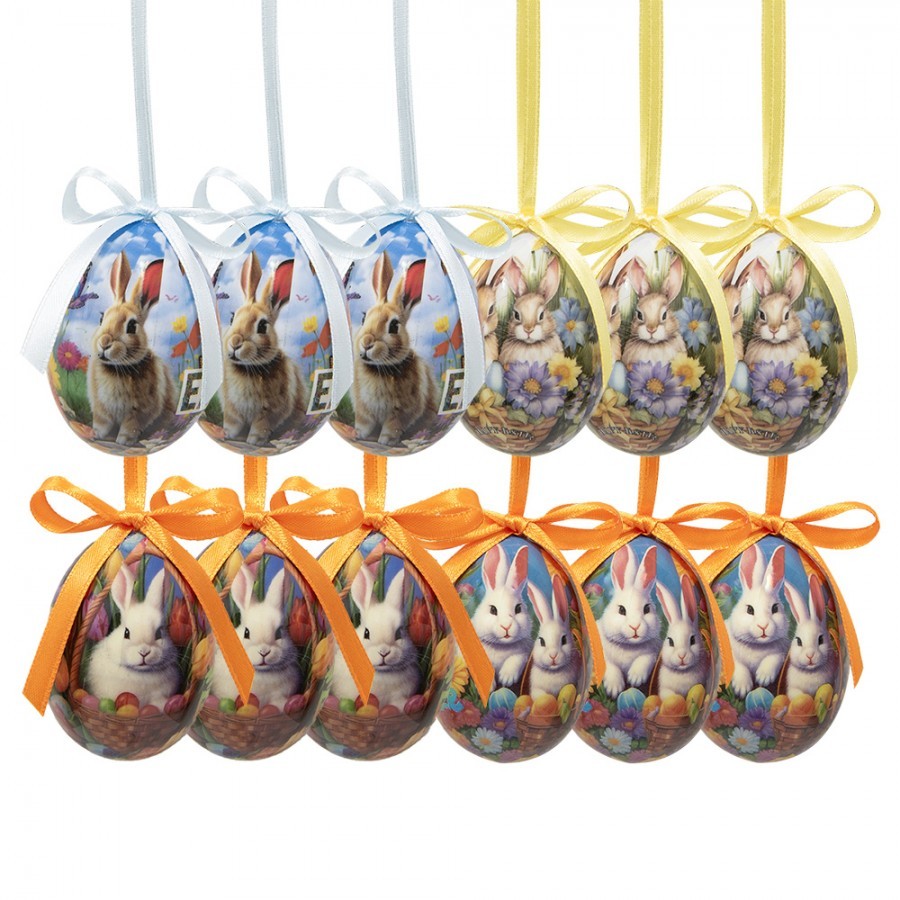 12ks dekorace závěsné vajíčko s králíčky Spring Egg - Ø 4*5 cm