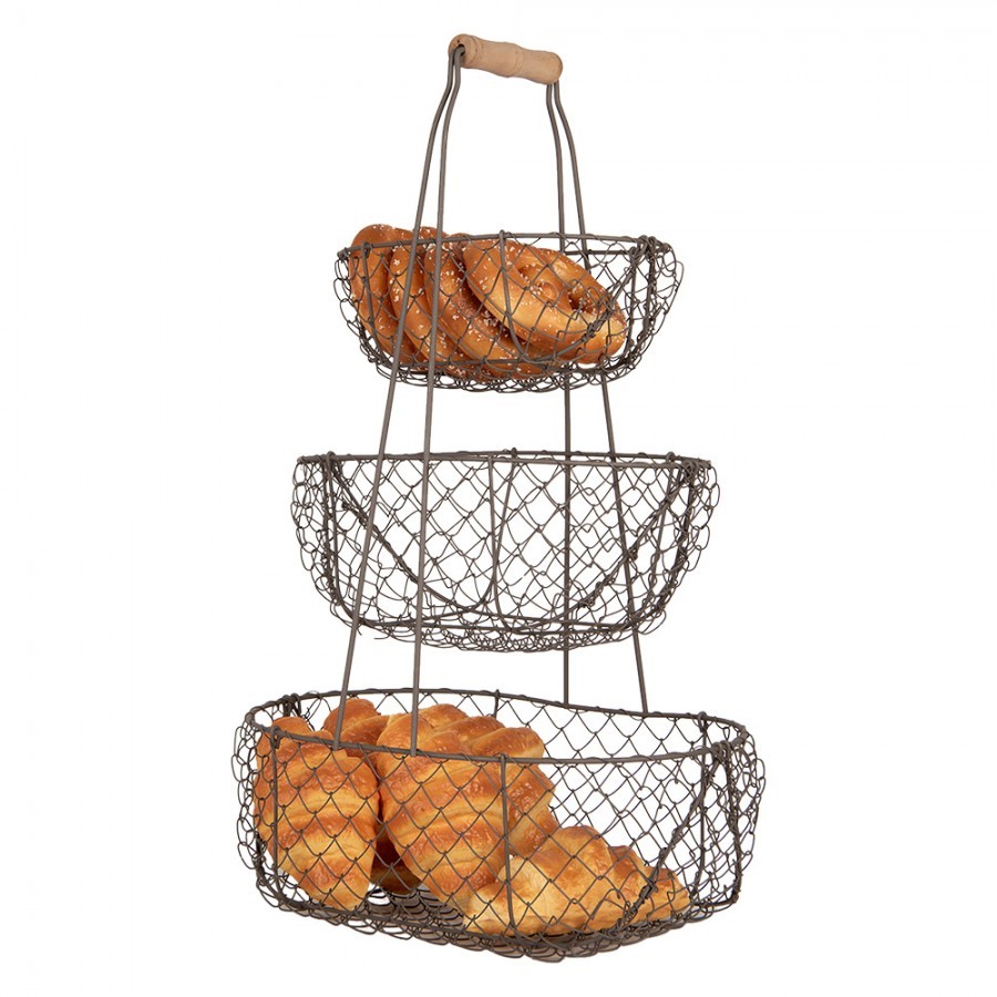Hnědý kovový patrový stojan se 3 košíky a držadlem - 30*22*50 cm