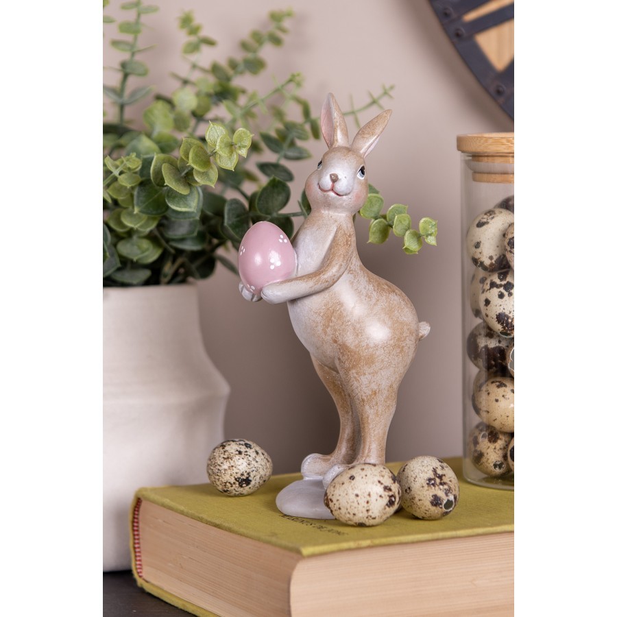 Dekorace hnědý králík s růžovým vajíčkem - 6*8*18 cm