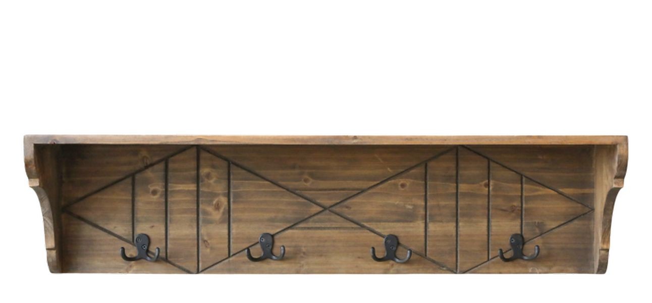 Hnědá antik dřevěná polička se 4 háčky Hooks - 91*20*23 cm