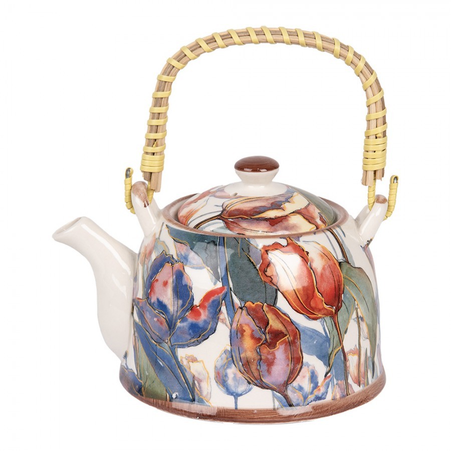 Krémová konvička s tulipány a se sítkem - 18*14*12 cm / 800 ml
