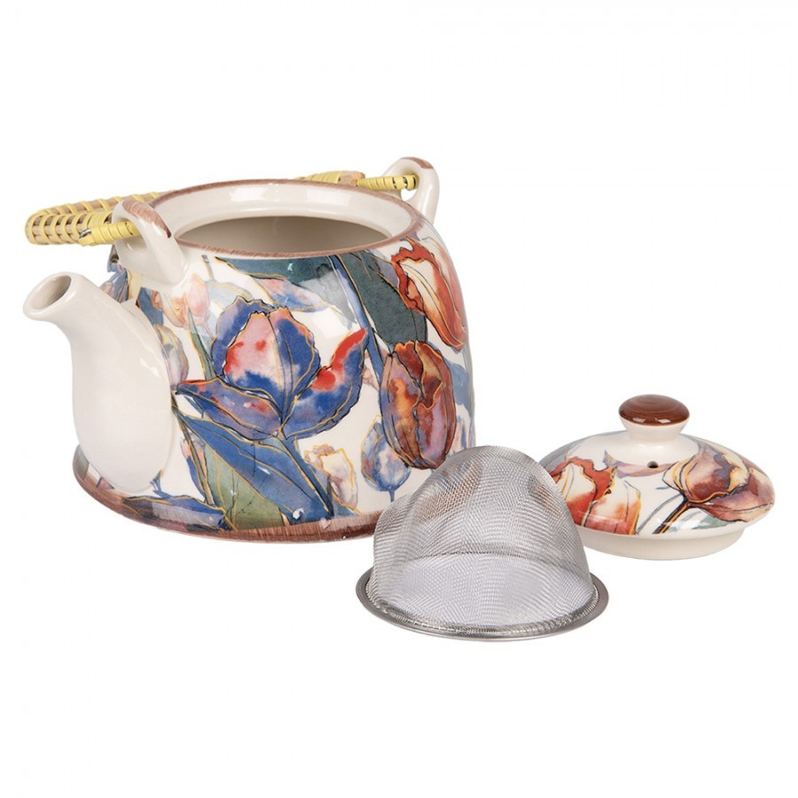 Krémová konvička s tulipány a se sítkem - 18*14*12 cm / 800 ml