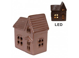 Hnědo-růžový keramický svítící LED domek - 10*6*11 cm