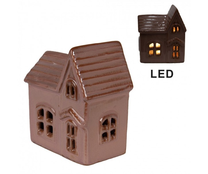 Hnědo-růžový keramický svítící LED domek - 10*6*11 cm Clayre & Eef