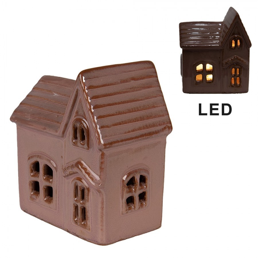 Hnědo-růžový keramický svítící LED domek - 10*6*11 cm