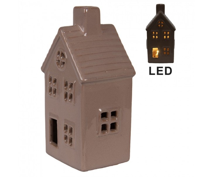 Hnědý keramický svítící LED domek - 8*6*15 cm Clayre & Eef