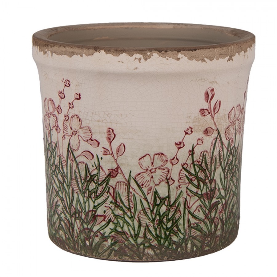 Béžovo-zelený obal na květináč s růžovými květy Rustic Flower S - Ø 13*12 cm