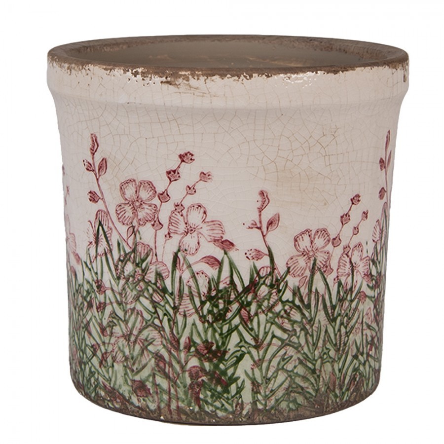 Béžovo-zelený obal na květináč s růžovými květy Rustic Flower M - Ø 15*14 cm