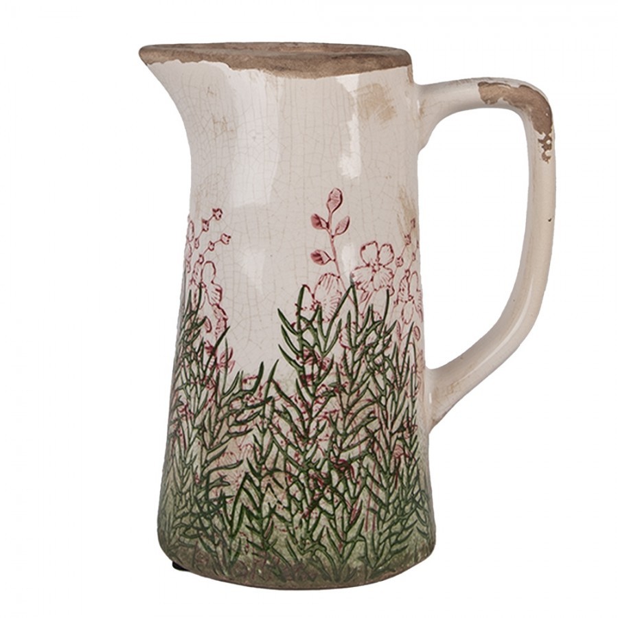Béžovo-zelený dekorační džbán s růžovými květy Rustic Flower M - 16*11*20 cm