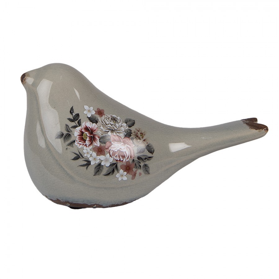 Šedý keramický dekorační ptáček s květy Floria - 21*9*11 cm