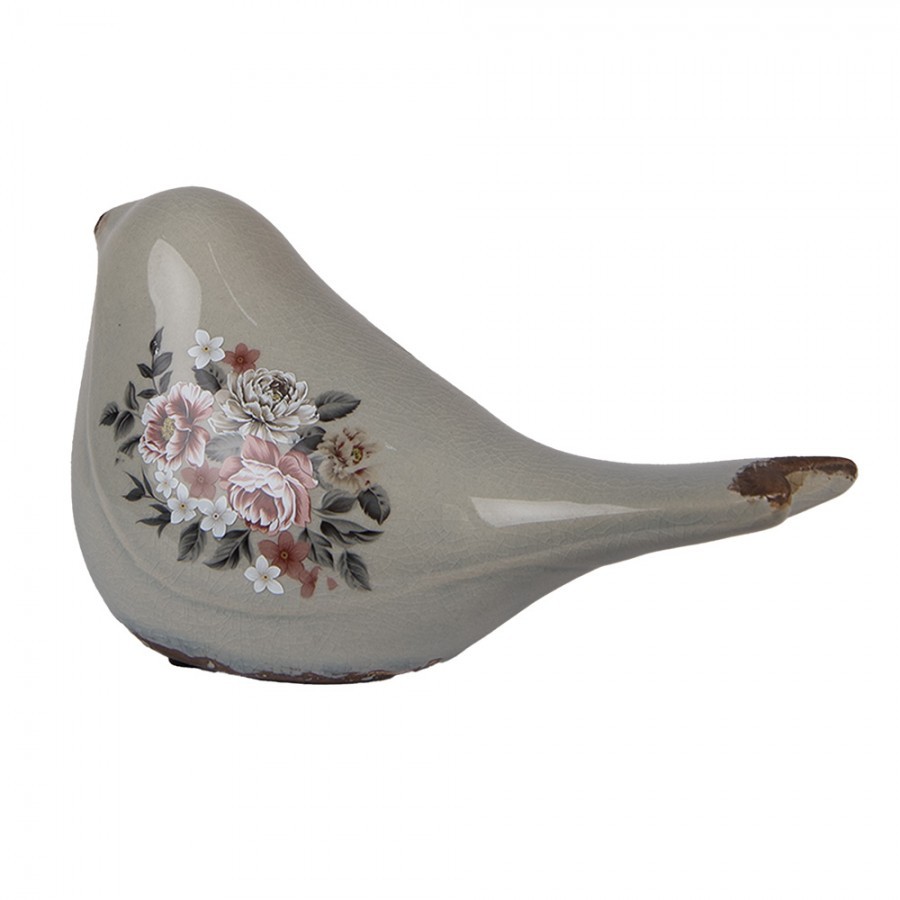 Šedý keramický dekorační ptáček s květy Floria - 21*9*11 cm