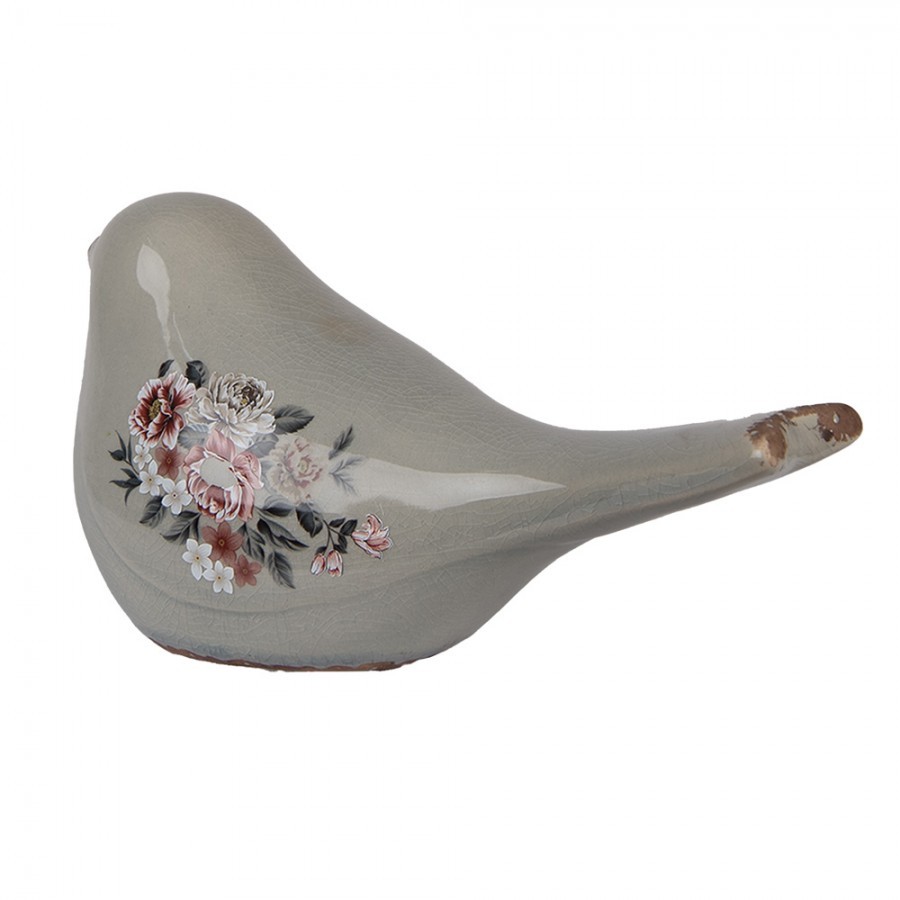 Šedý keramický dekorační ptáček s květy Floria L - 25*10*13 cm