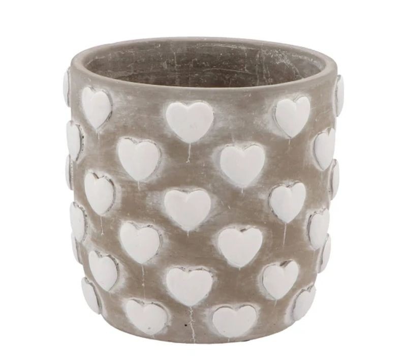 Šedý antik cementový obal se srdíčky Love Amore - Ø 14*13 cm