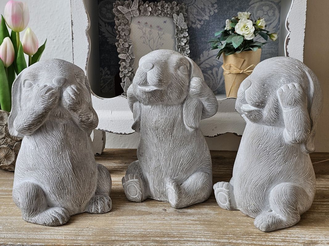 3ks šedá dekorace králíčků nevidím, neslyším, nemluvím - 13*12*20 cm