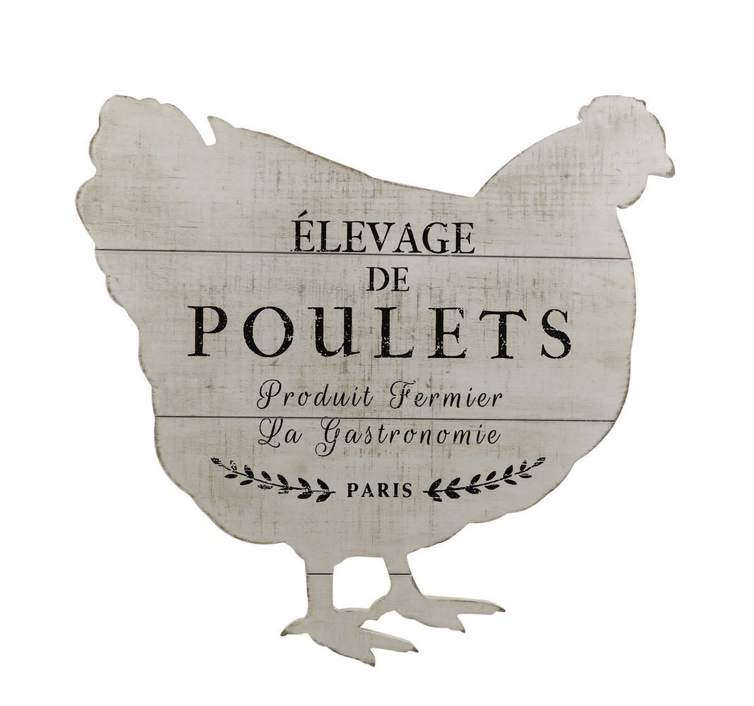 Krémová antik dřevěná nástěnná cedule ve tvaru slepice De Poulets – 43*2*43 cm