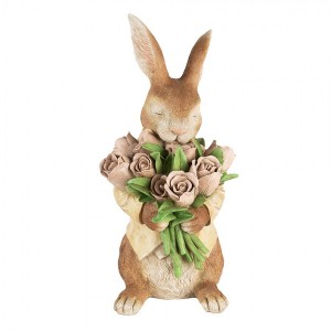 Dekorace hnědý králík s kyticí tulipánů - 19*23*39 cm
