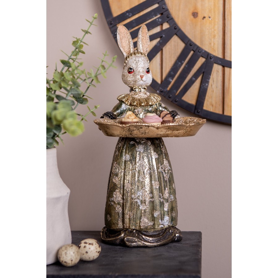 Dekorace figurka králík v zelených šatech s podnosem - 16*15*29 cm