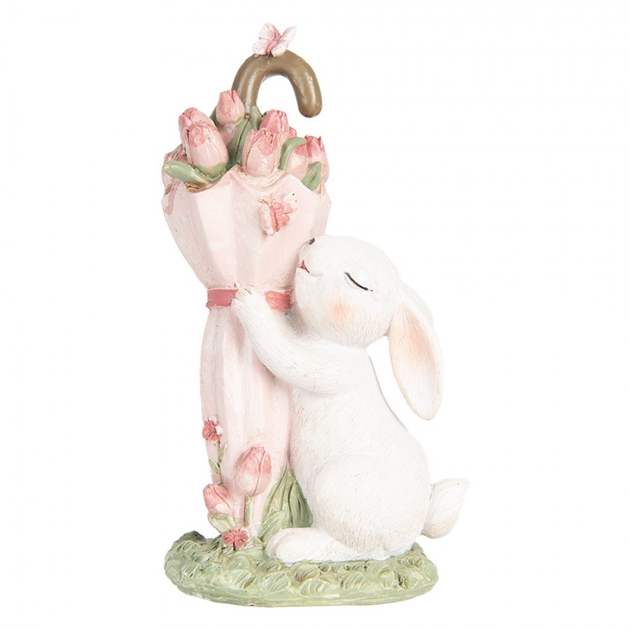 Dekorace králíček s růžovým deštníkem plným tulipánů - 9*7*15 cm