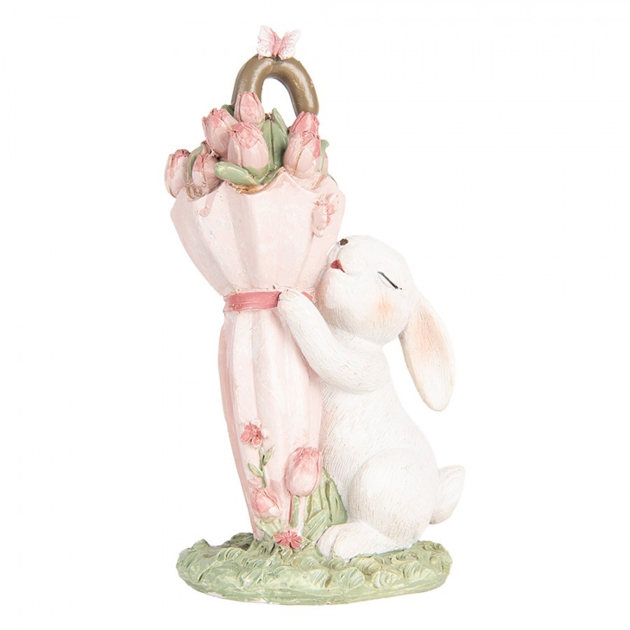 Dekorace králíček s růžovým deštníkem plným tulipánů - 9*7*15 cm