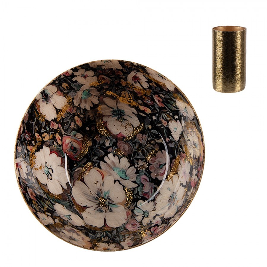 Černo-zlatý kovový svícen s bílými květy Flowers Gold - Ø 11*5 cm