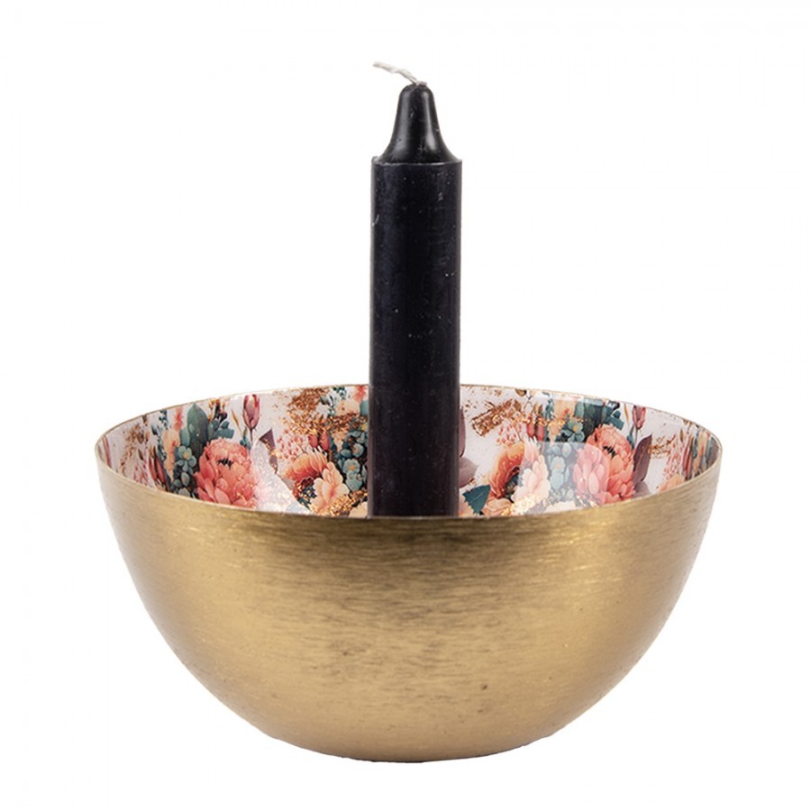 Zlatý kovový svícen s růžovými květy Flowers Gold - Ø 14*6 cm