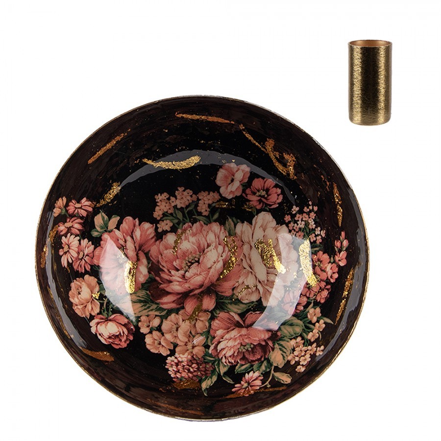 Černo-zlatý kovový svícen s růžovými květy Flowers Gold - Ø 17*6 cm