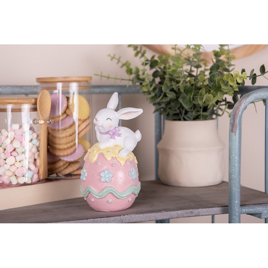 Dekorace králík s mašlí na růžovém vajíčku s květy - 9*9*17 cm