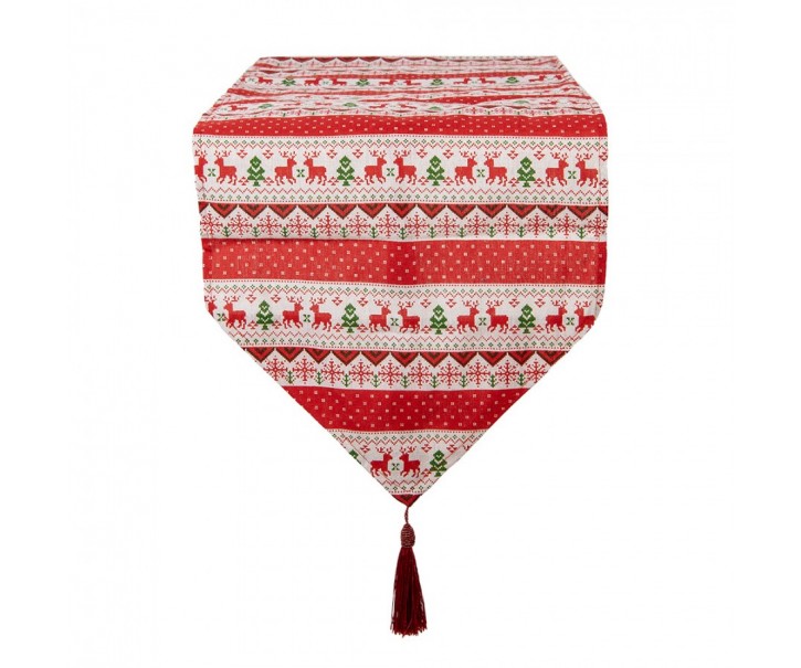 Červený běhoun se střapcem a jeleny Christmas Rustic - 33*180 cm Clayre & Eef