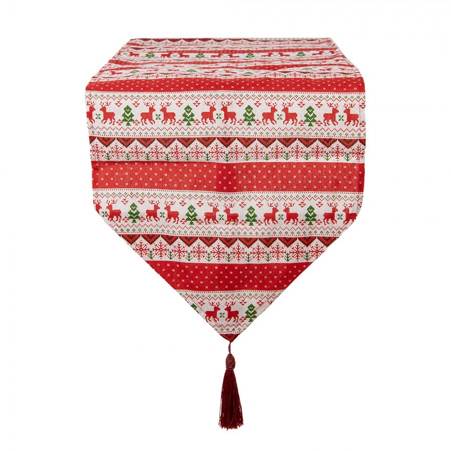 Červený běhoun se střapcem a jeleny Christmas Rustic - 33*180 cm