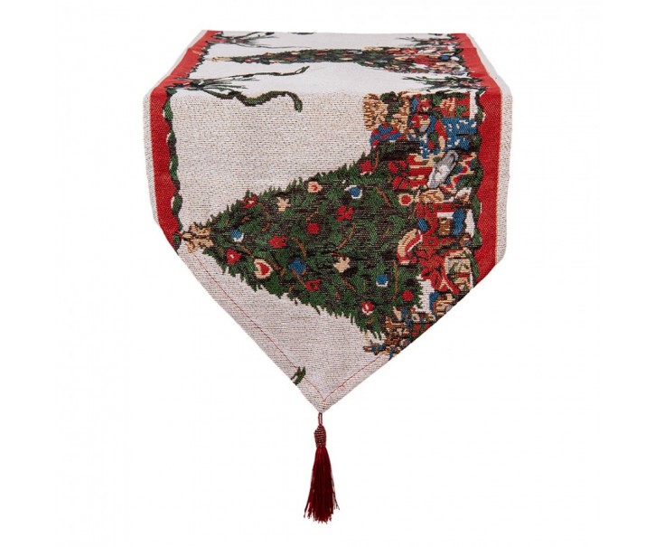 Béžový běhoun se střapcem a vánočními stromky Christmas Rustic - 33*180 cm Clayre & Eef