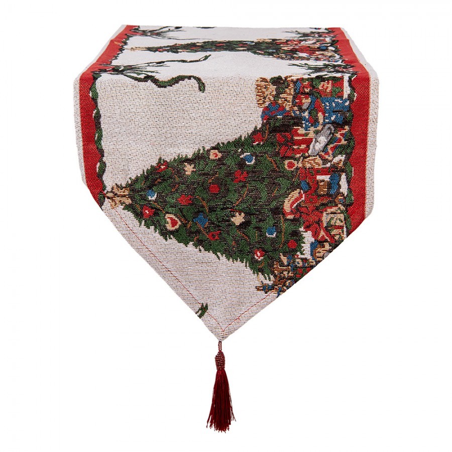 Béžový běhoun se střapcem a vánočními stromky Christmas Rustic - 33*180 cm