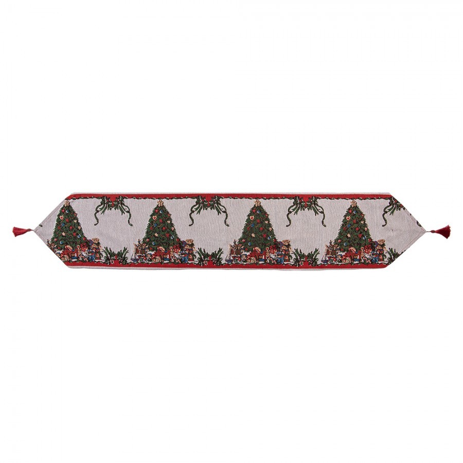 Béžový běhoun se střapcem a vánočními stromky Christmas Rustic - 33*180 cm