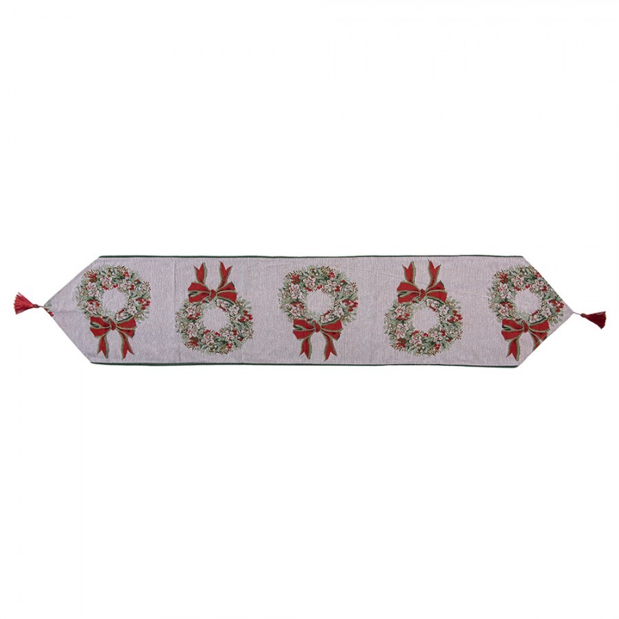 Béžový běhoun se střapcem a vánočními věnci Christmas Rustic - 33*180 cm