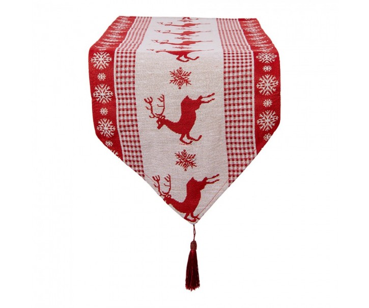 Béžovo-červený běhoun se střapcem a jeleny Christmas Rustic - 33*180 cm Clayre & Eef